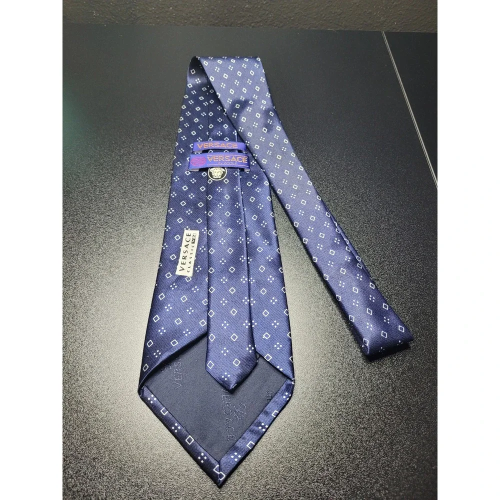 Versace Men's Necktie Navy Blue Geometric Silk 3.75